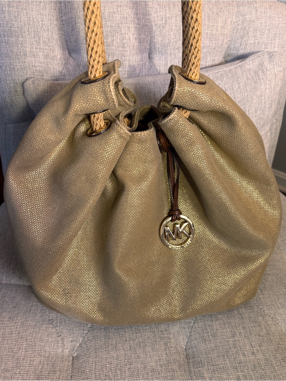 Michael Kors Marina Rope Drawstring Gold Shimmer and Natural Canvas Hobo Bag